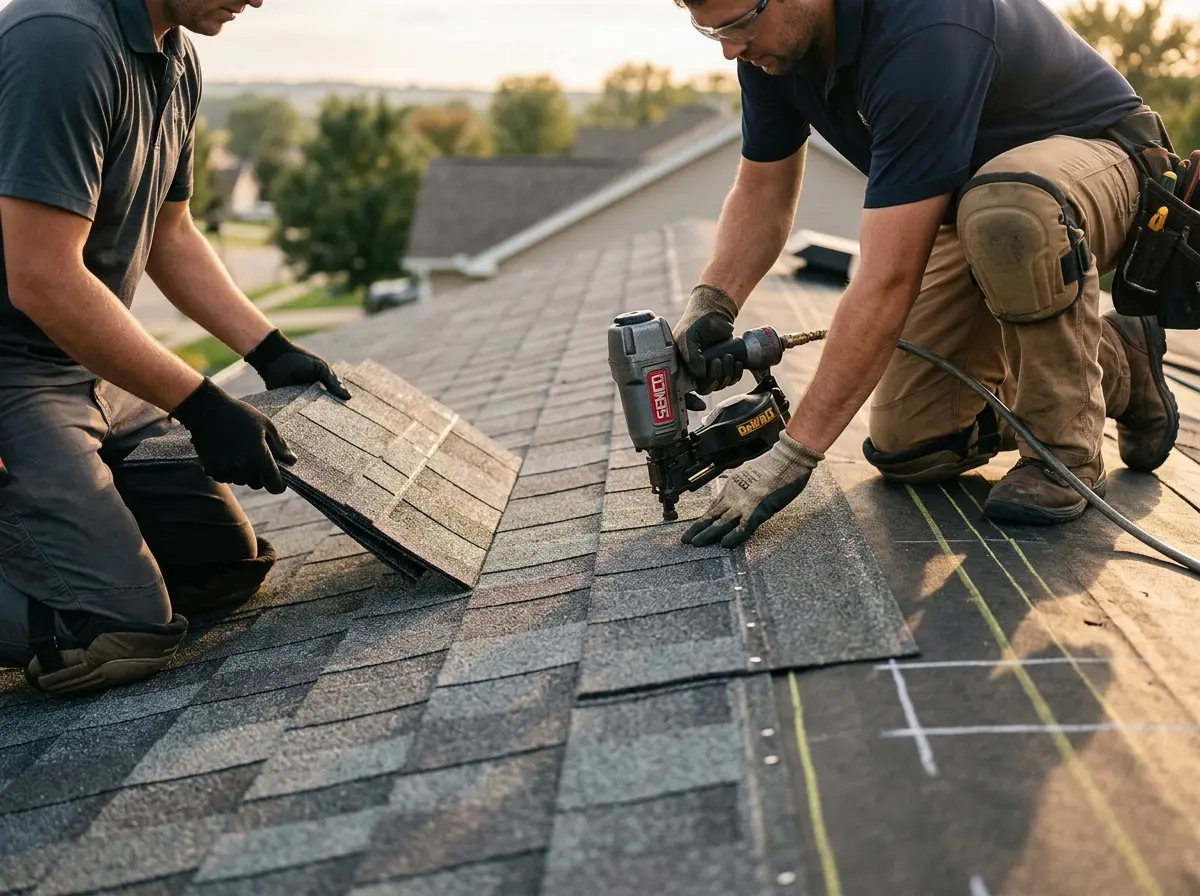 Professional roofer working on a residential roof in Hartford City